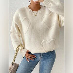 Cream Heart-Detail Crewneck Sweater